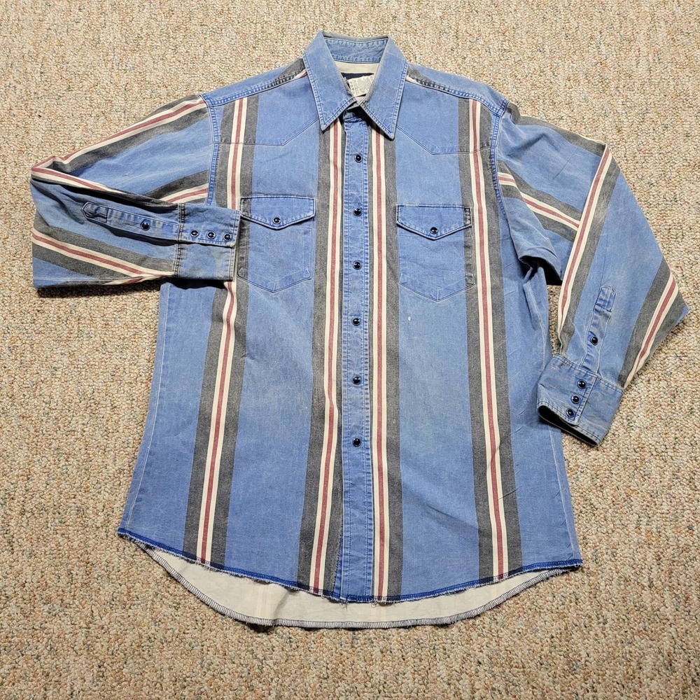 Wrangler Brushpopper Western Shirt Mens Large Blue Striped Pearl Snap Long Tail